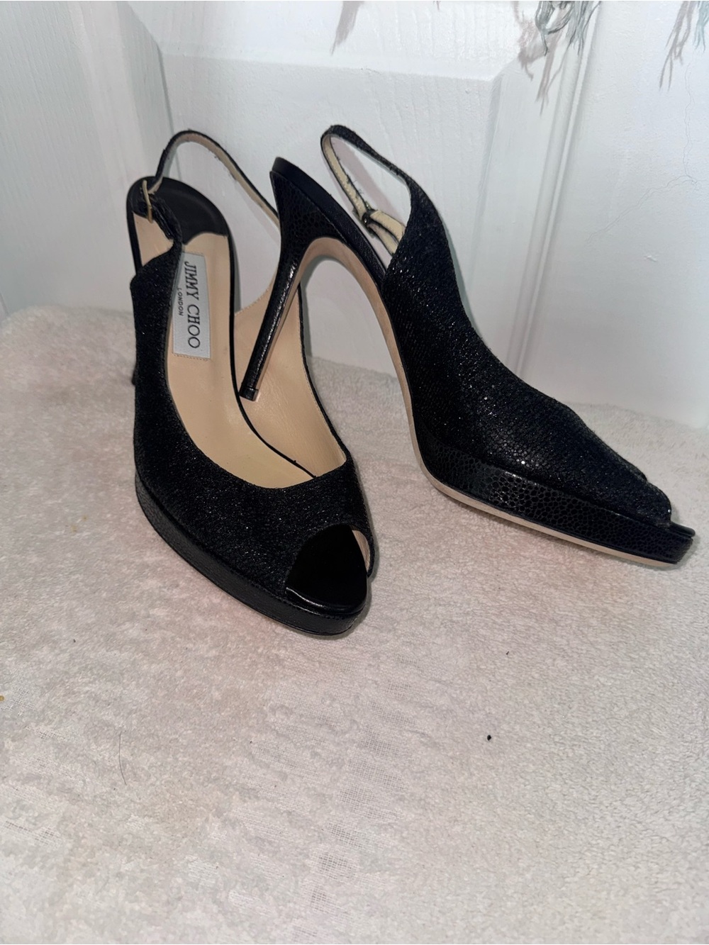 Jimmy Choo Black Glitter Peep-Toe Slingback Stilettos